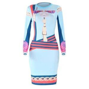 Women Spring Summer Sexy Print Bodycon Dress Long Sleeve Knee-Length Size Medium